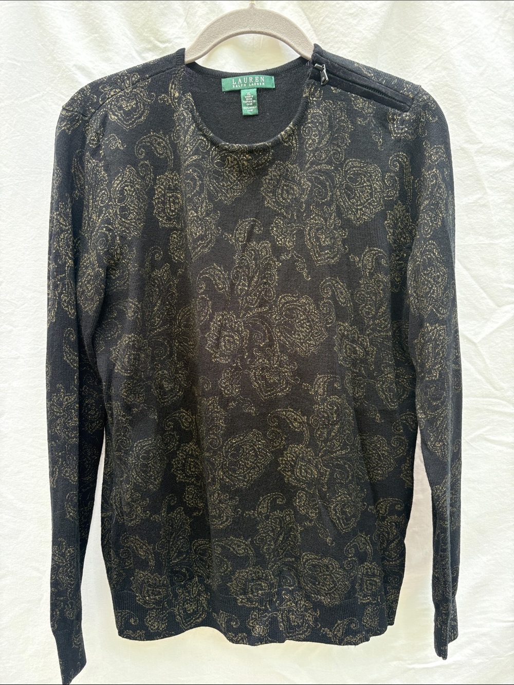 Lauren Ralph Lauren Black Sweater with Metallic Gold Paisley